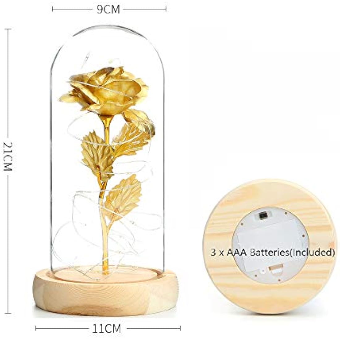 TINYOUTH 24K Gold Plated Rose in Glass Dome | LED Light Up Flower Gift