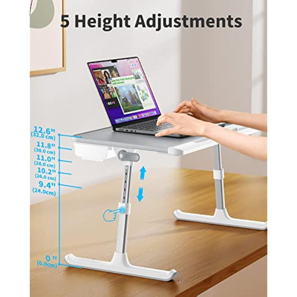 SAIJI Laptop Bed Table | Adjustable Leather Lap Desk with Drawer - Grey