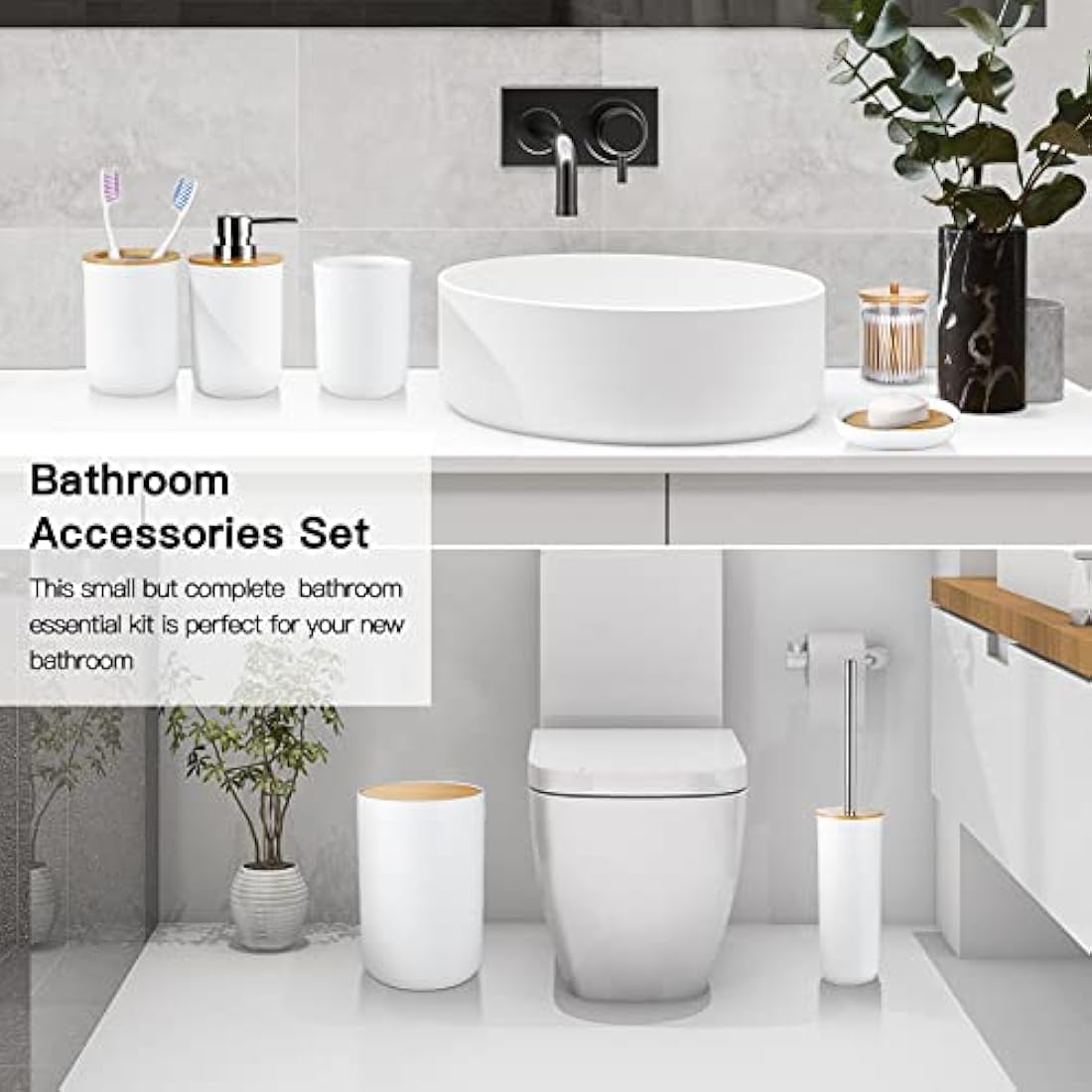 7-Piece Bamboo & Plastic Bathroom Accessory Set - White