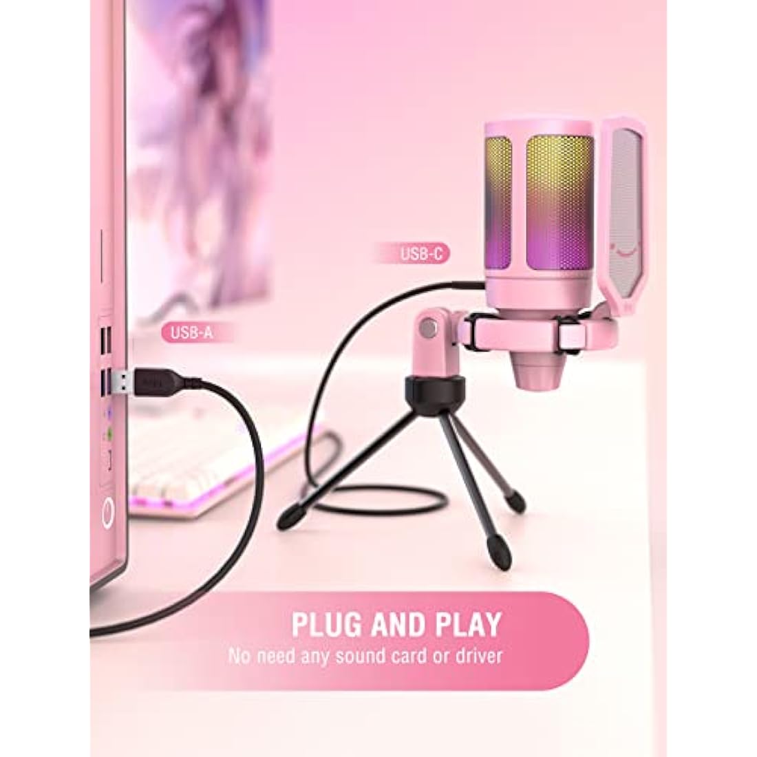 FIFINE USB Gaming Microphone | RGB Condenser Mic with Pop Filter - Pink
