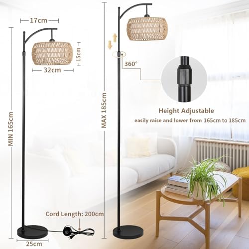 Rayofly Arc Floor Lamp | Dimmable Boho Standing Lamp with Rattan Shade