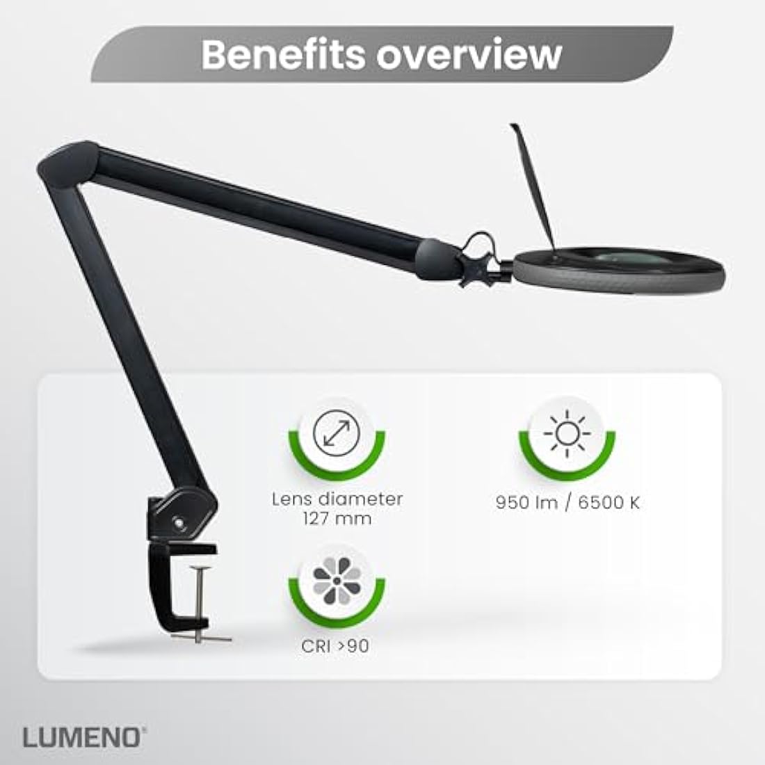 Lumeno 7213SW LED Magnifying Lamp | 127mm Glass Lens | 950 Lumen, 3 Diopters