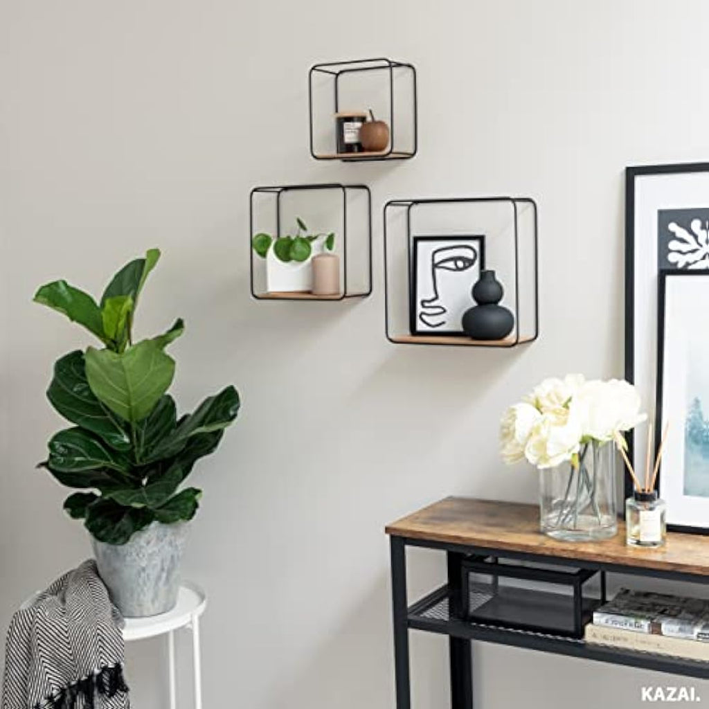 Kazai Jona Floating Wall Shelves – 3-Piece Industrial Oak & Metal Set