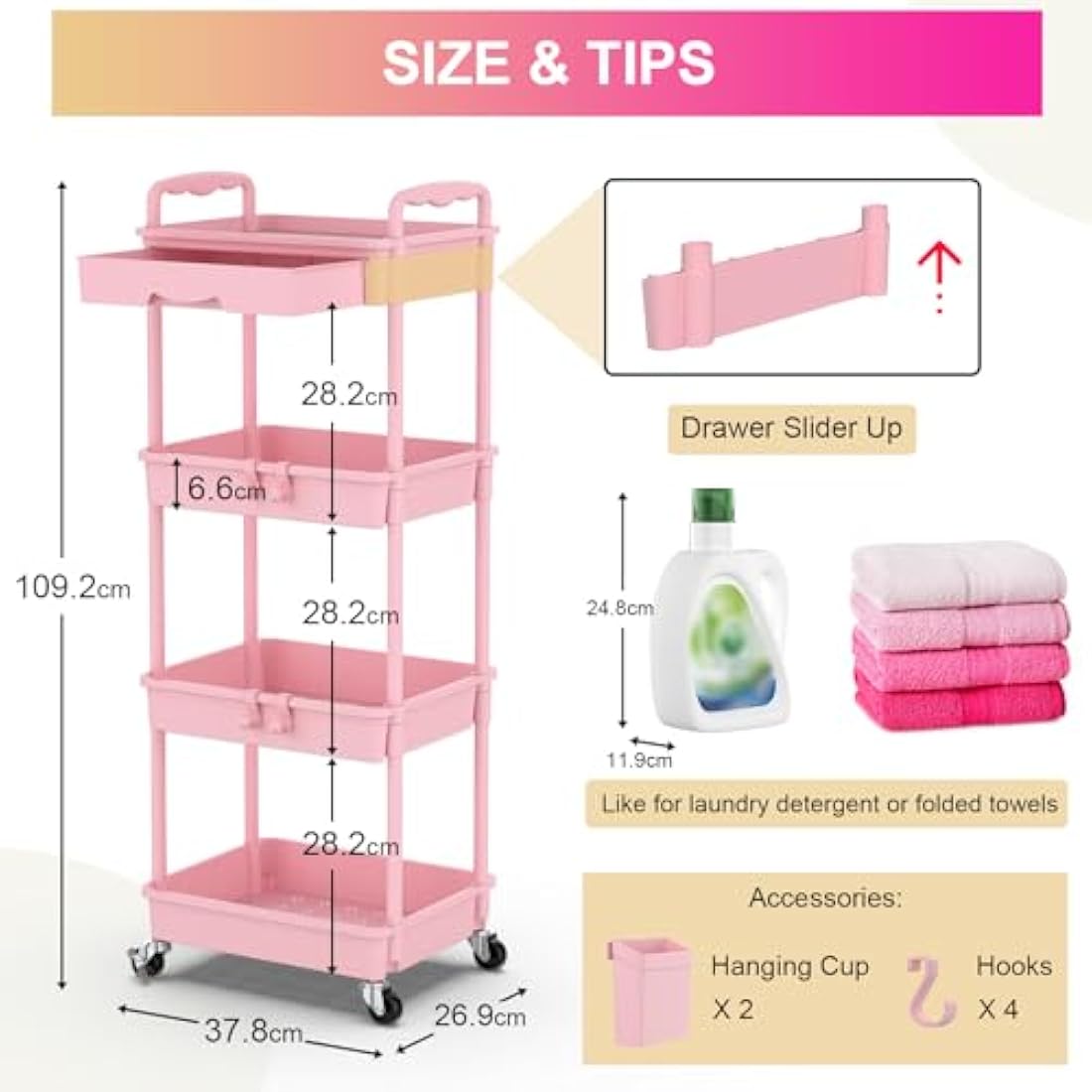 Yeabett 4-Tier Rolling Utility Cart with Drawers - Pink Storage Trolley