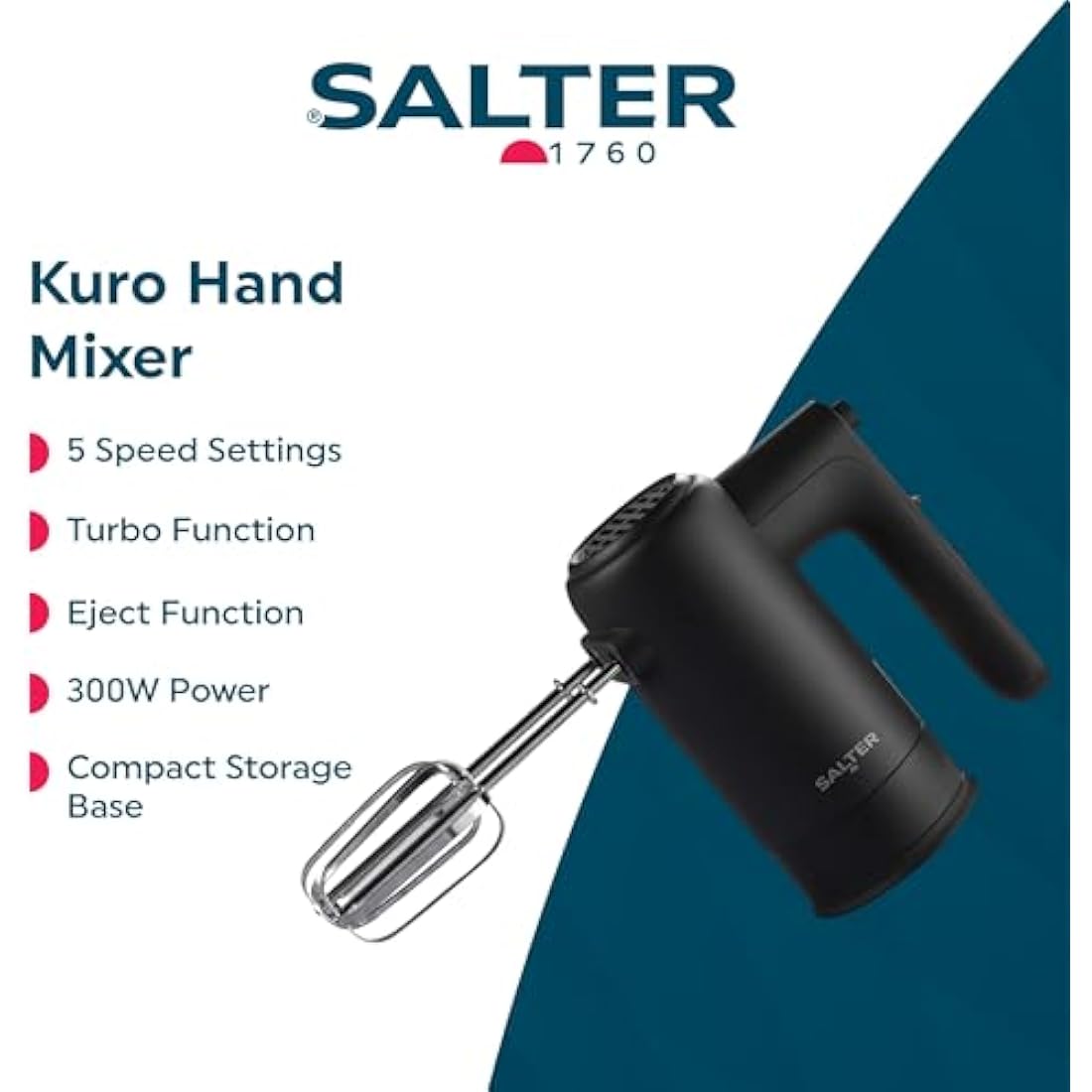 Salter Kuro Electric Hand Mixer – 300W Whisk with 5 Speeds & Turbo