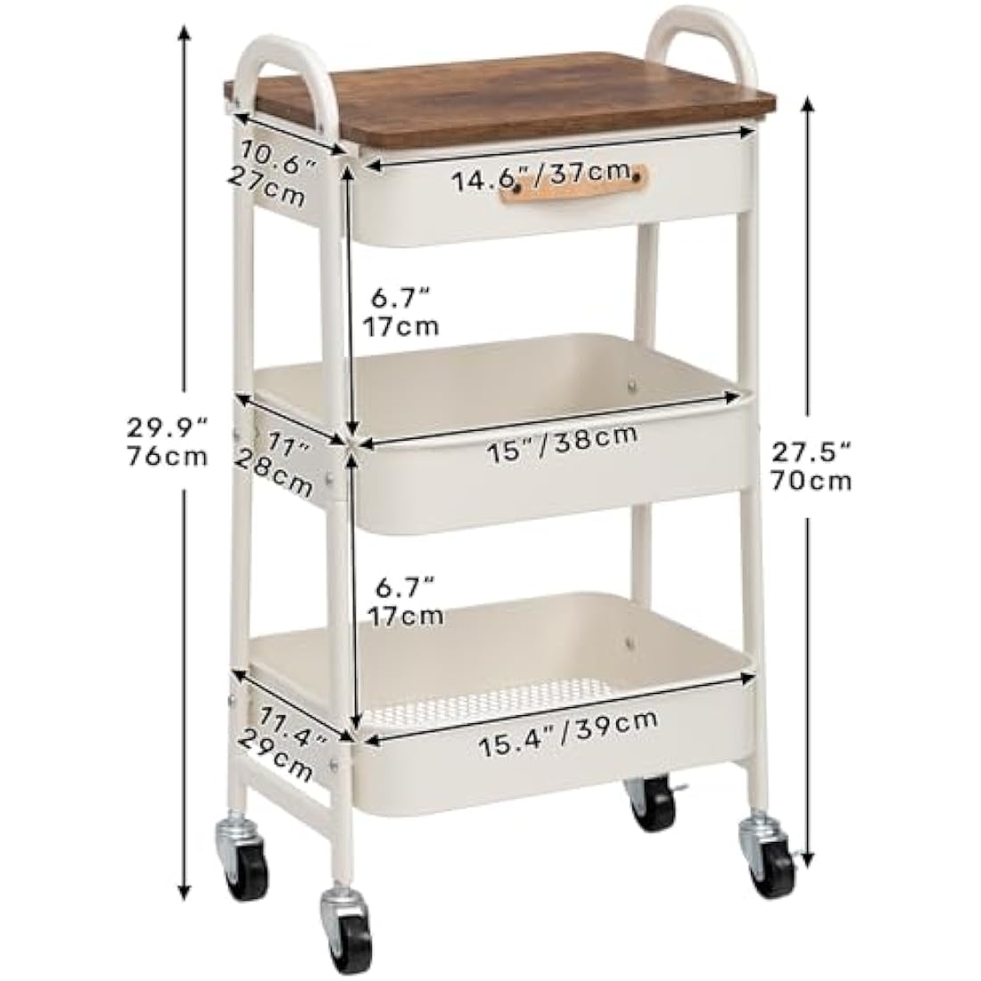 3-Tier Metal Rolling Storage Trolley with Drawer - White