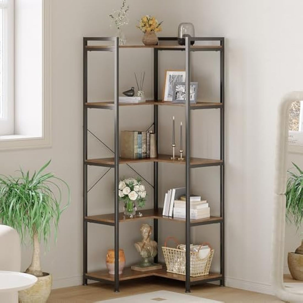 VEDECASA 5-Tier Deformable Corner Bookshelf | Industrial Metal Display Rack