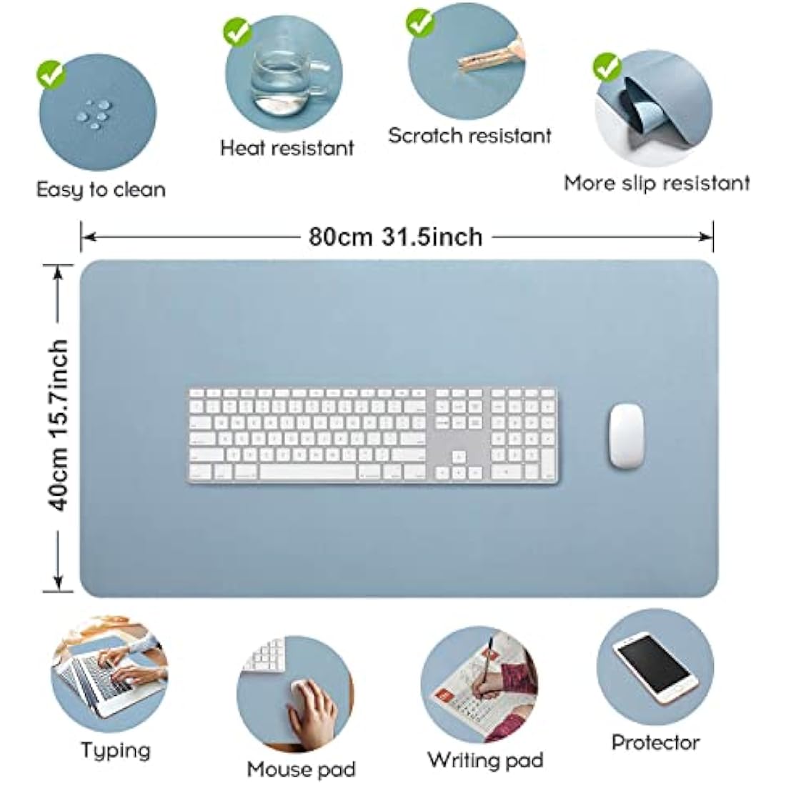 DOBAOJIA PU Leather Desk Pad – 31.5" x 15.7" Waterproof Mouse Mat, Greyish Blue