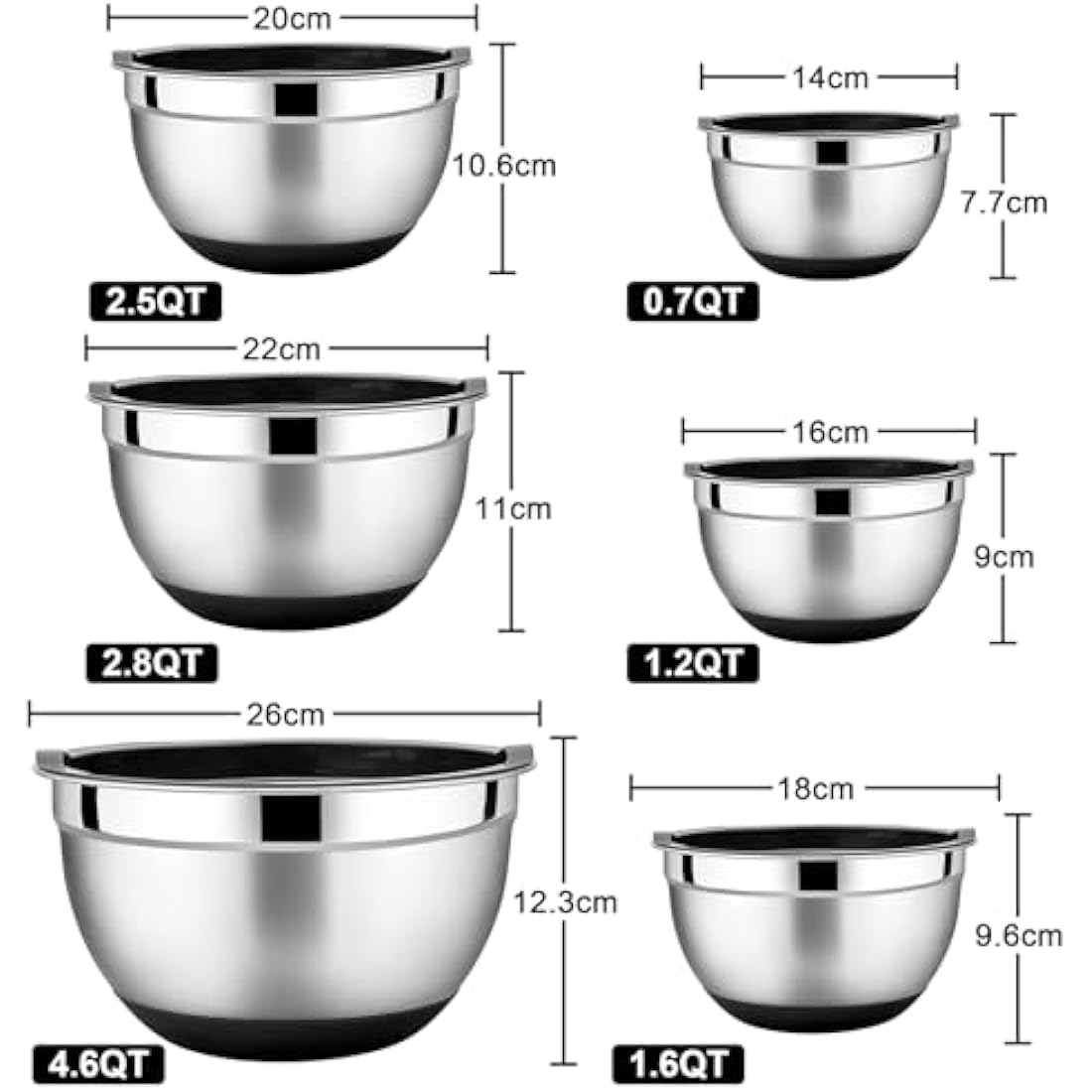 HaWare 6-Piece Stainless Steel Mixing Bowl Set with Airtight Lids - Black