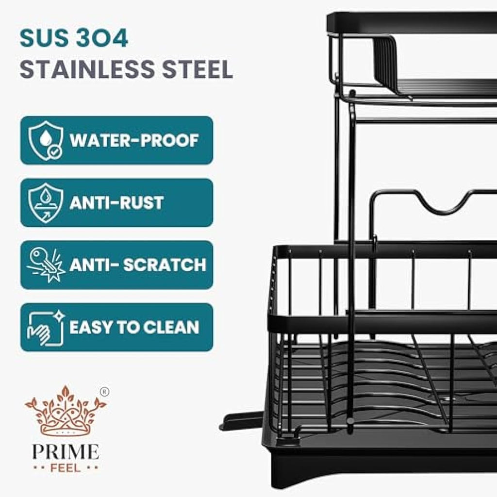 Prime Feel 2-Tier Dish Drying Rack – Rustproof Stainless Steel Kitchen Drainer