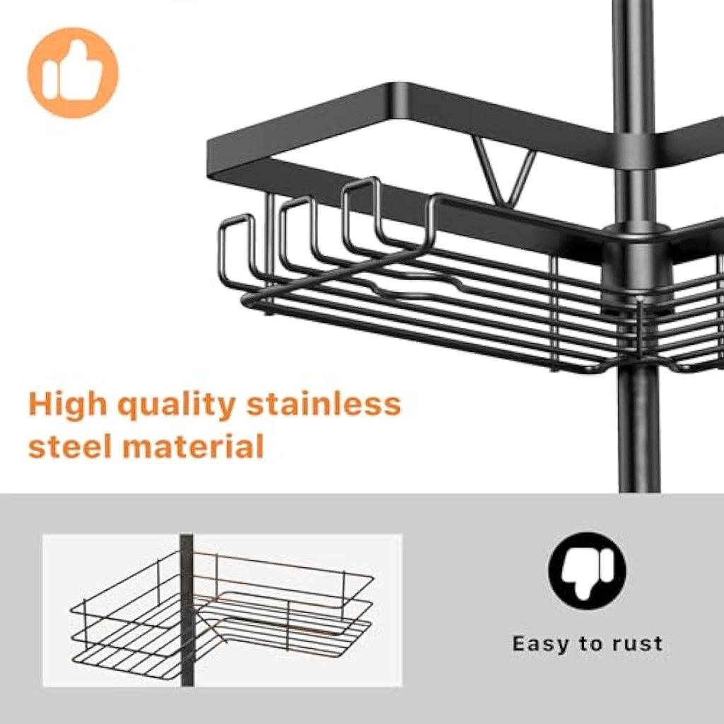 Jolof Store 4-Tier Tension Rod Shower Caddy – Stainless Steel Corner Shelf