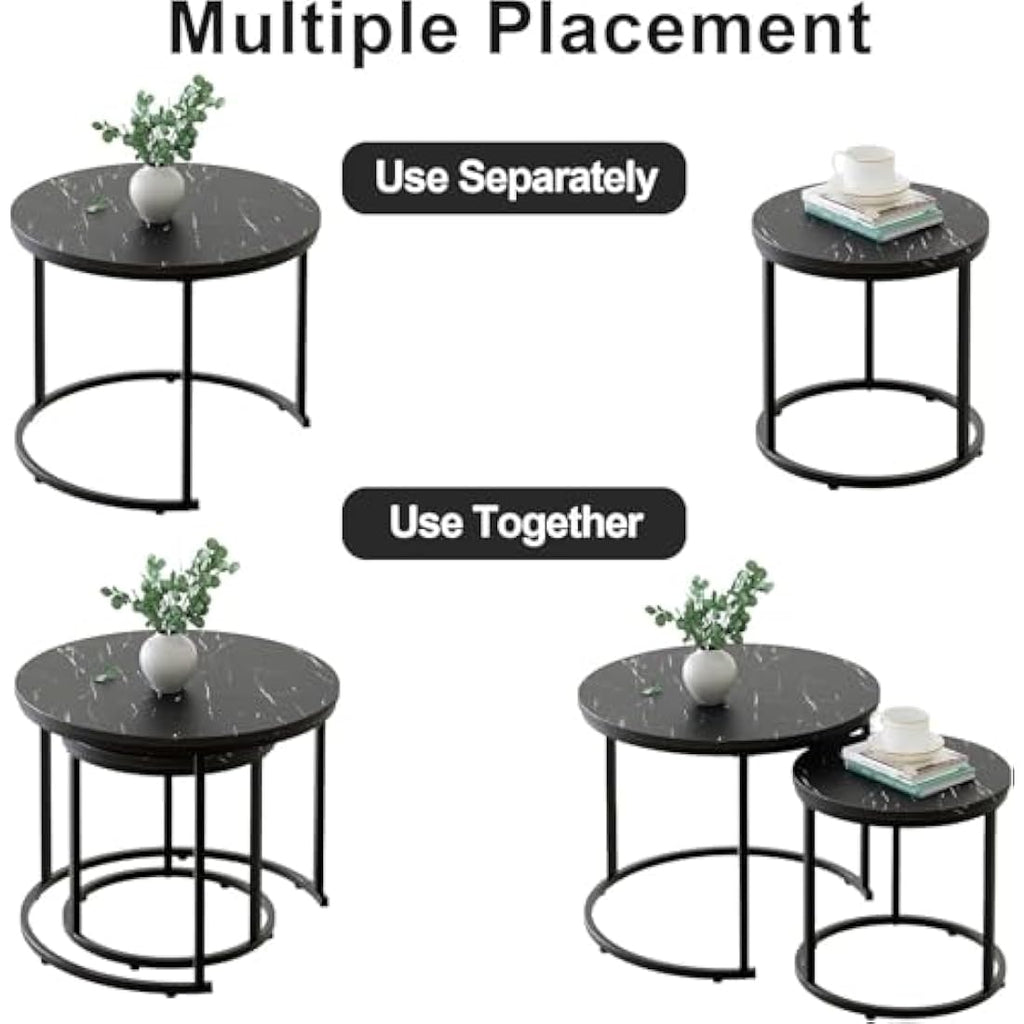 Huhote Round Nesting Coffee Tables - Set of 2 Black Marble Side Tables