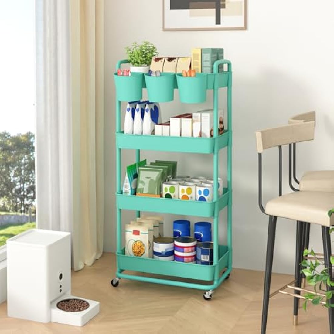 JIUYOTREE 4-Tier Rolling Utility Cart with Hanging Cups & Wheels - Green