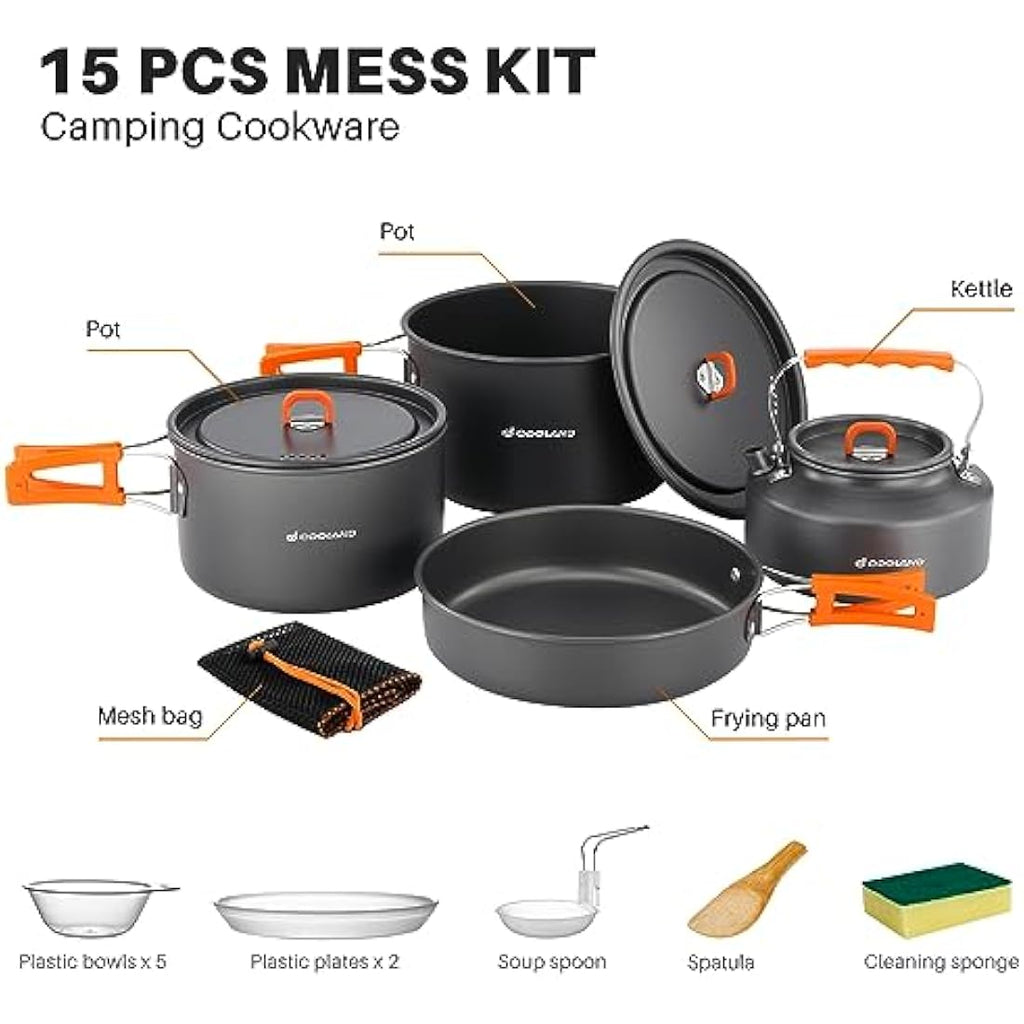 Odoland 16-Piece Non-Stick Camping Cookware Mess Kit for 4-6 People