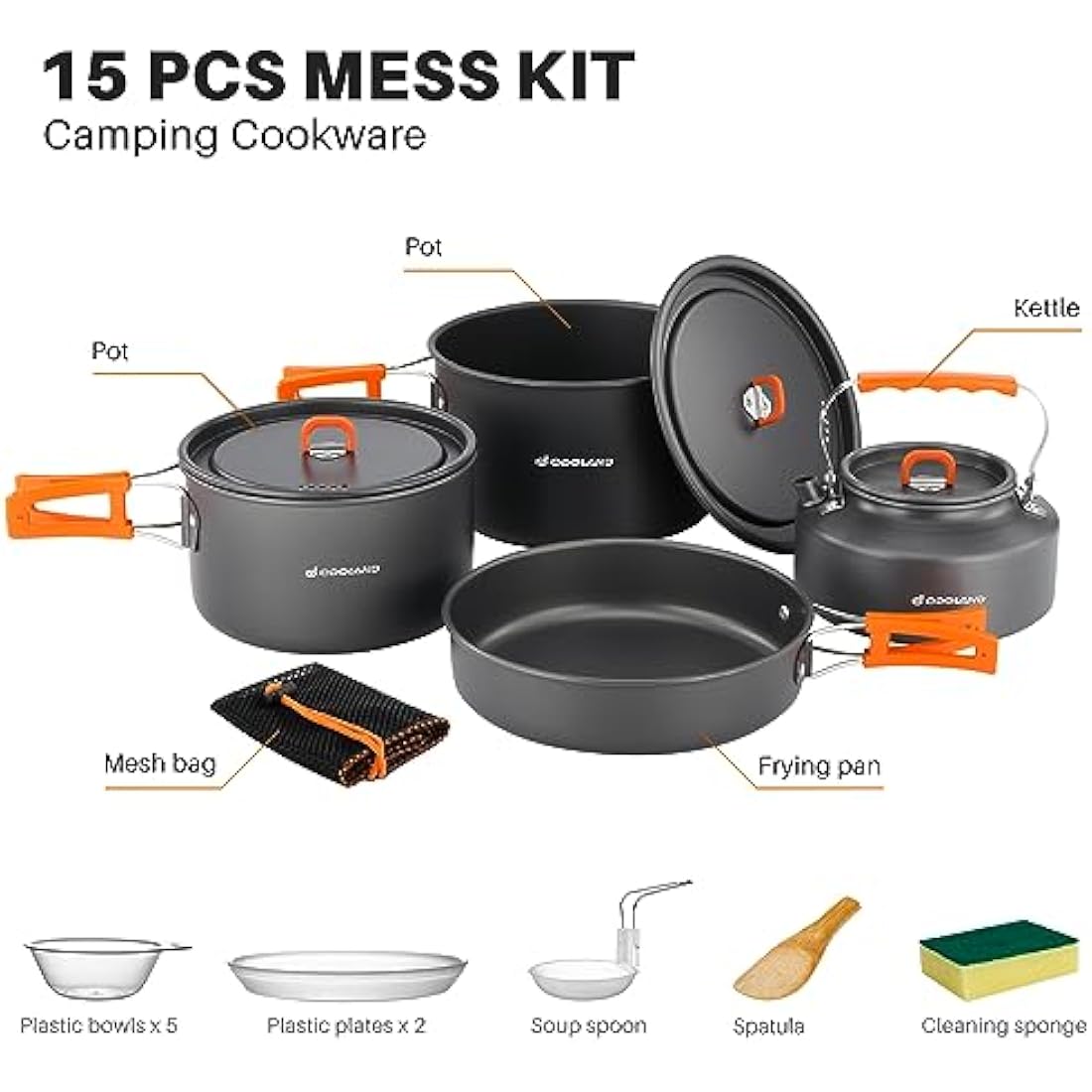Odoland 16-Piece Non-Stick Camping Cookware Mess Kit for 4-6 People