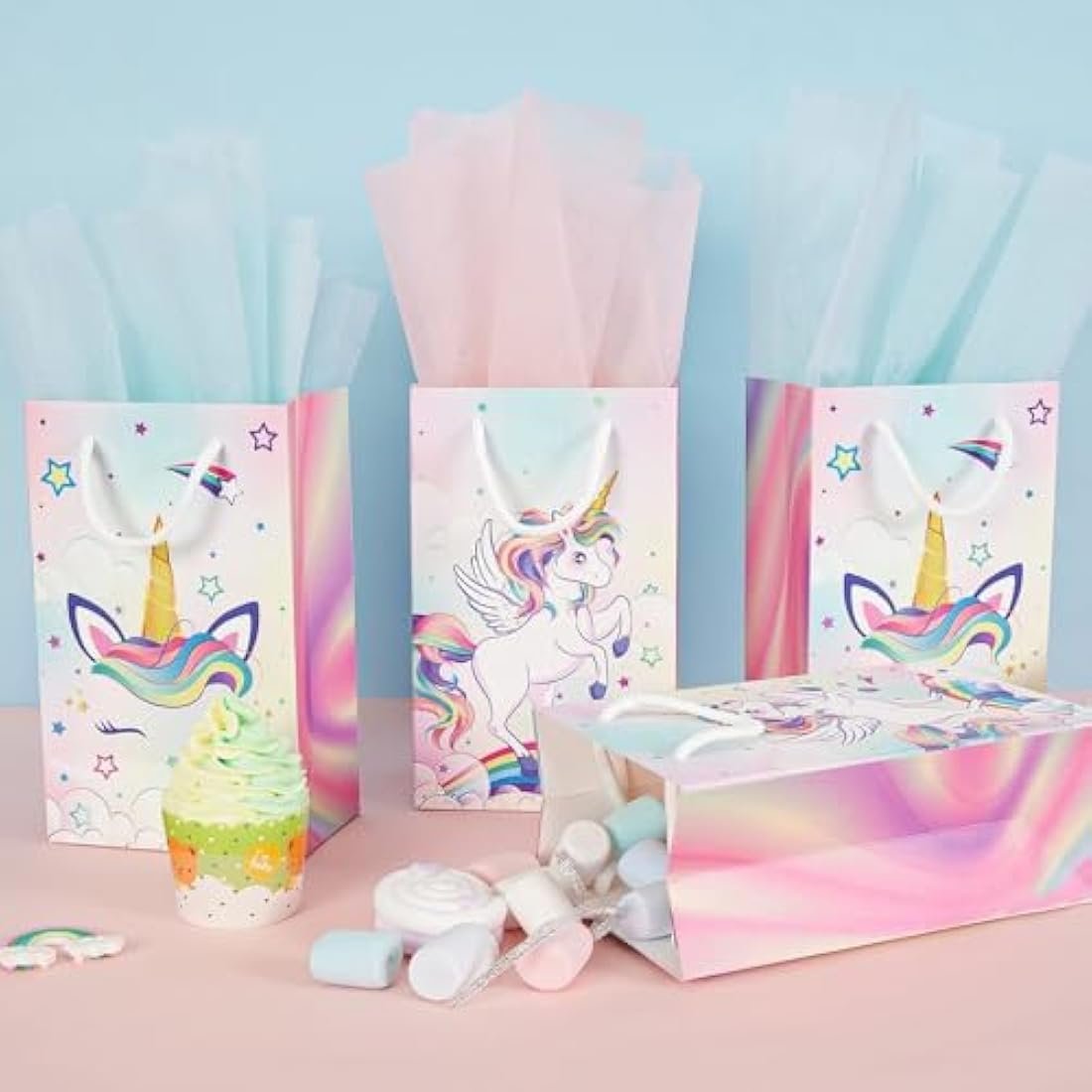 WERNNSAI Unicorn Party Favor Bags - 16PCS Rainbow Gift Bags with Handles