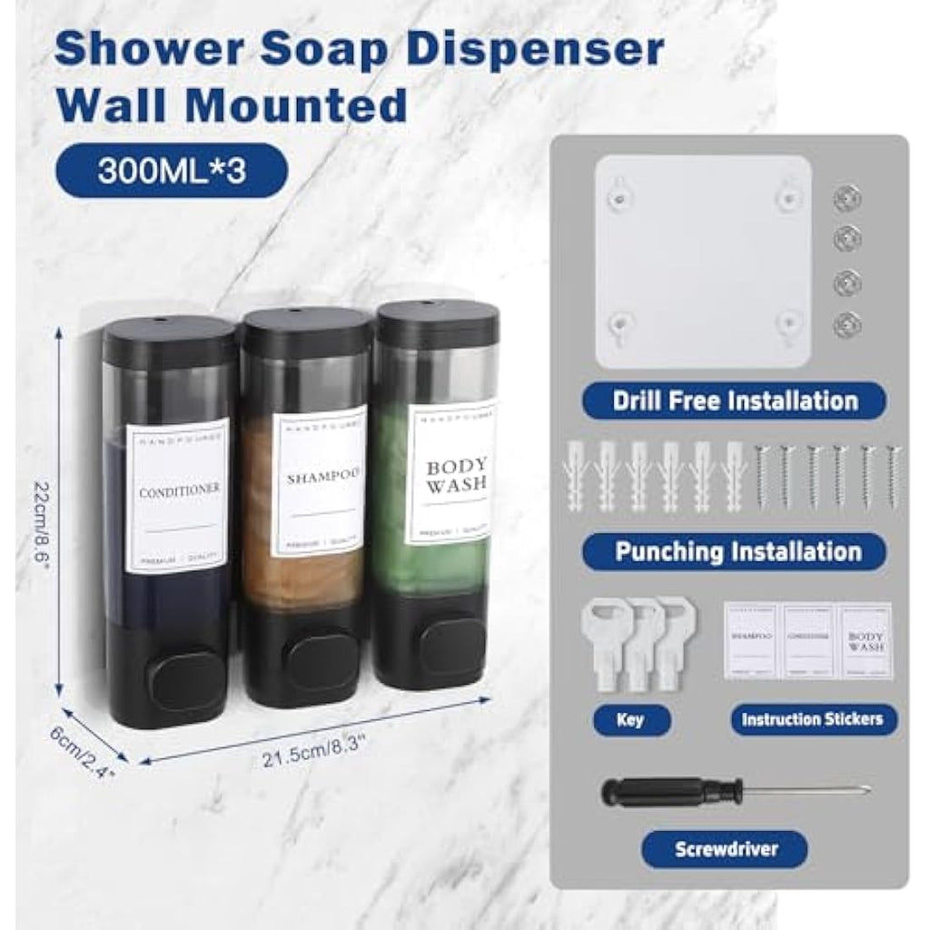 3-Chamber Shower Soap Dispenser | Wall Mounted Black ABS