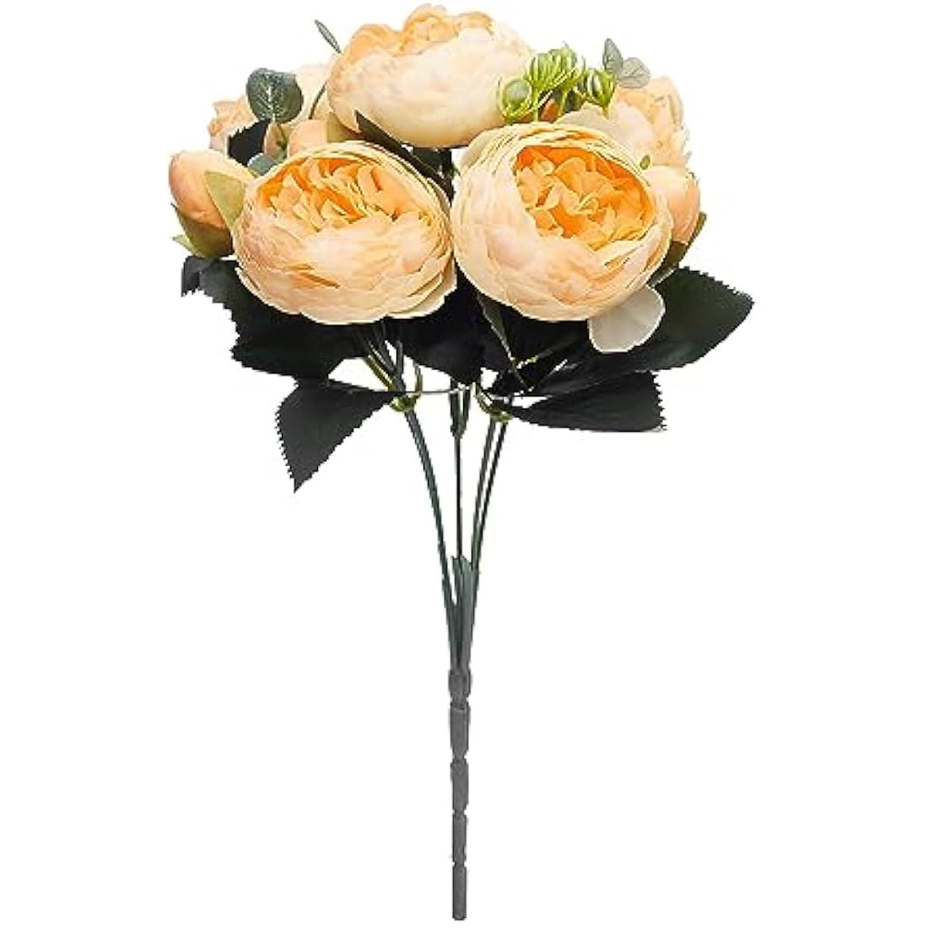 Jolof Store Silk Peony and Tea Rose Artificial Bouquet - Yellow, 9 Heads