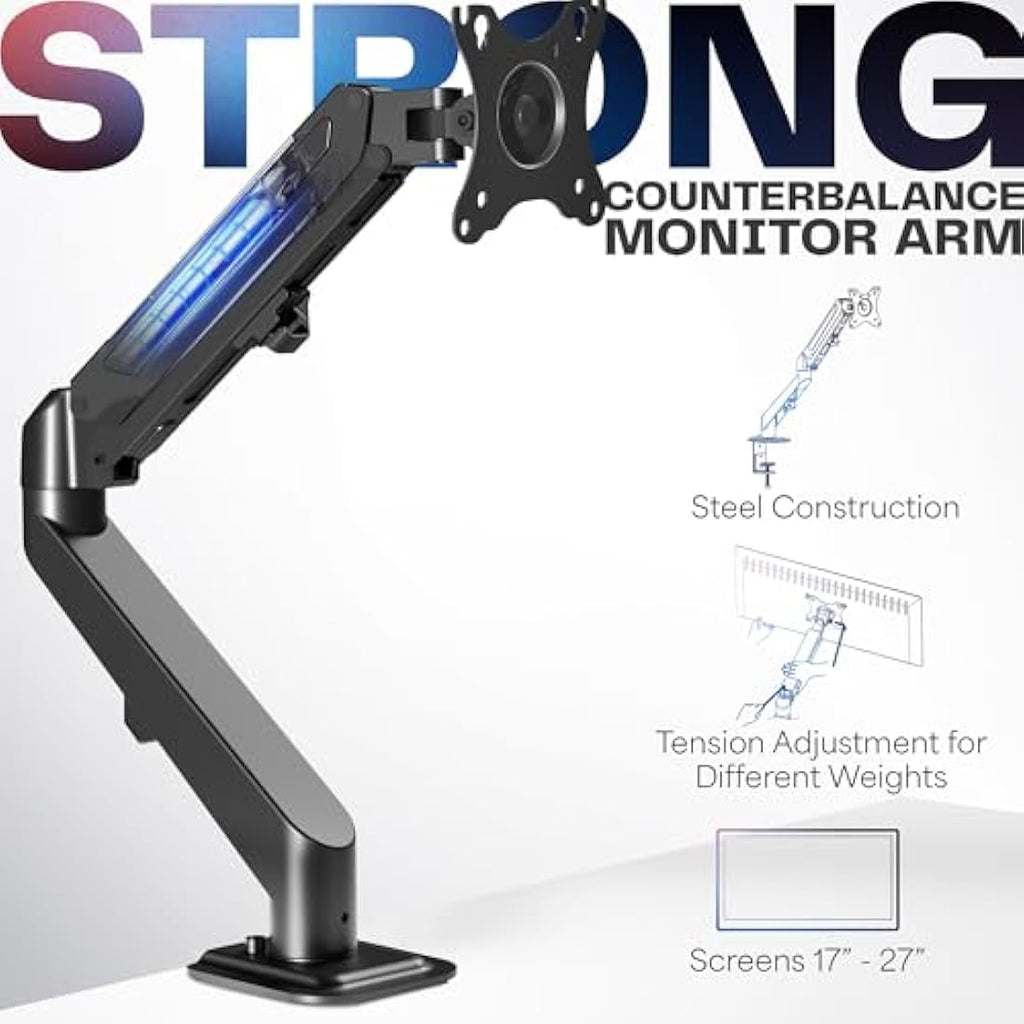 VIVO Single Monitor Desk Mount – Pneumatic Spring Arm for 17-27 inch Screens