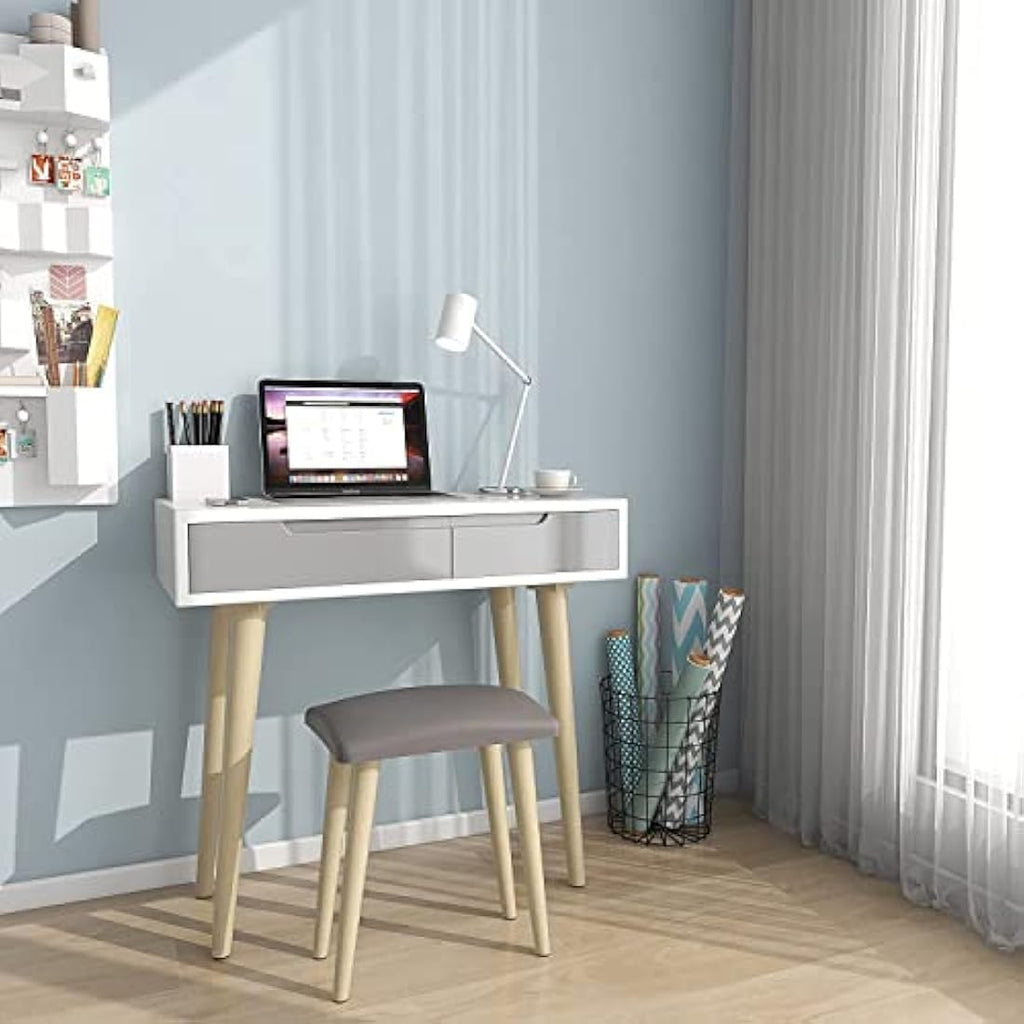 YOURLITE Vanity Table Set with LED Oval Mirror and Cushioned Stool - White