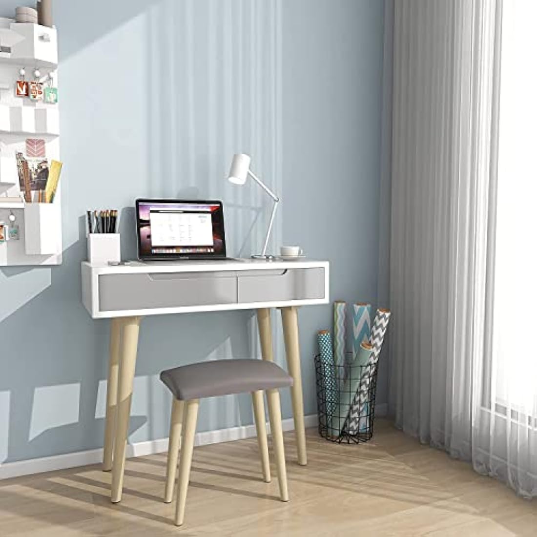 YOURLITE Vanity Table Set with LED Oval Mirror and Cushioned Stool - White