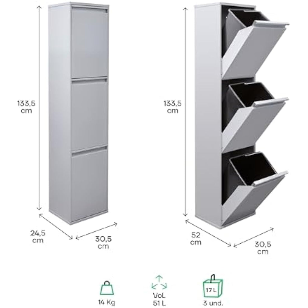 Arregui Basic Steel Recycling Bin | 3-Door Waste Cabinet, 51L - Light Grey