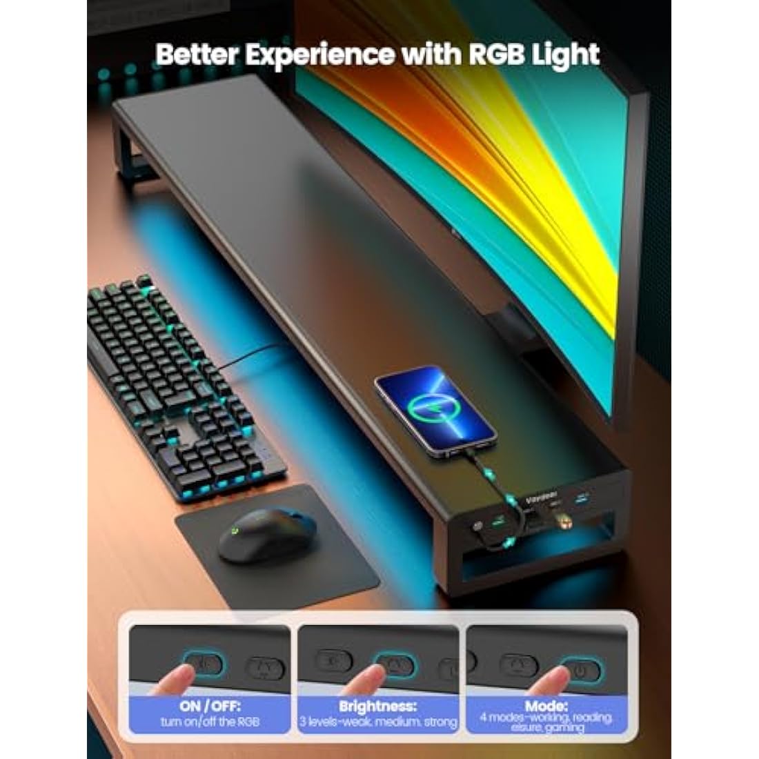 Vaydeer Dual Monitor Riser – Metal Desk Stand with RGB & USB 3.0 Hub