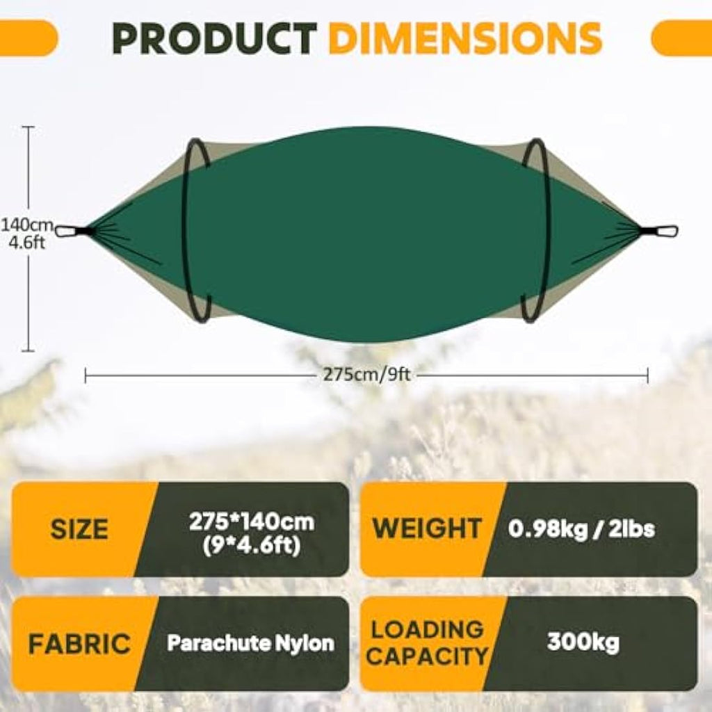 NatureFun Camping Hammock with Pop-up Bug Net | Parachute Nylon 300kg