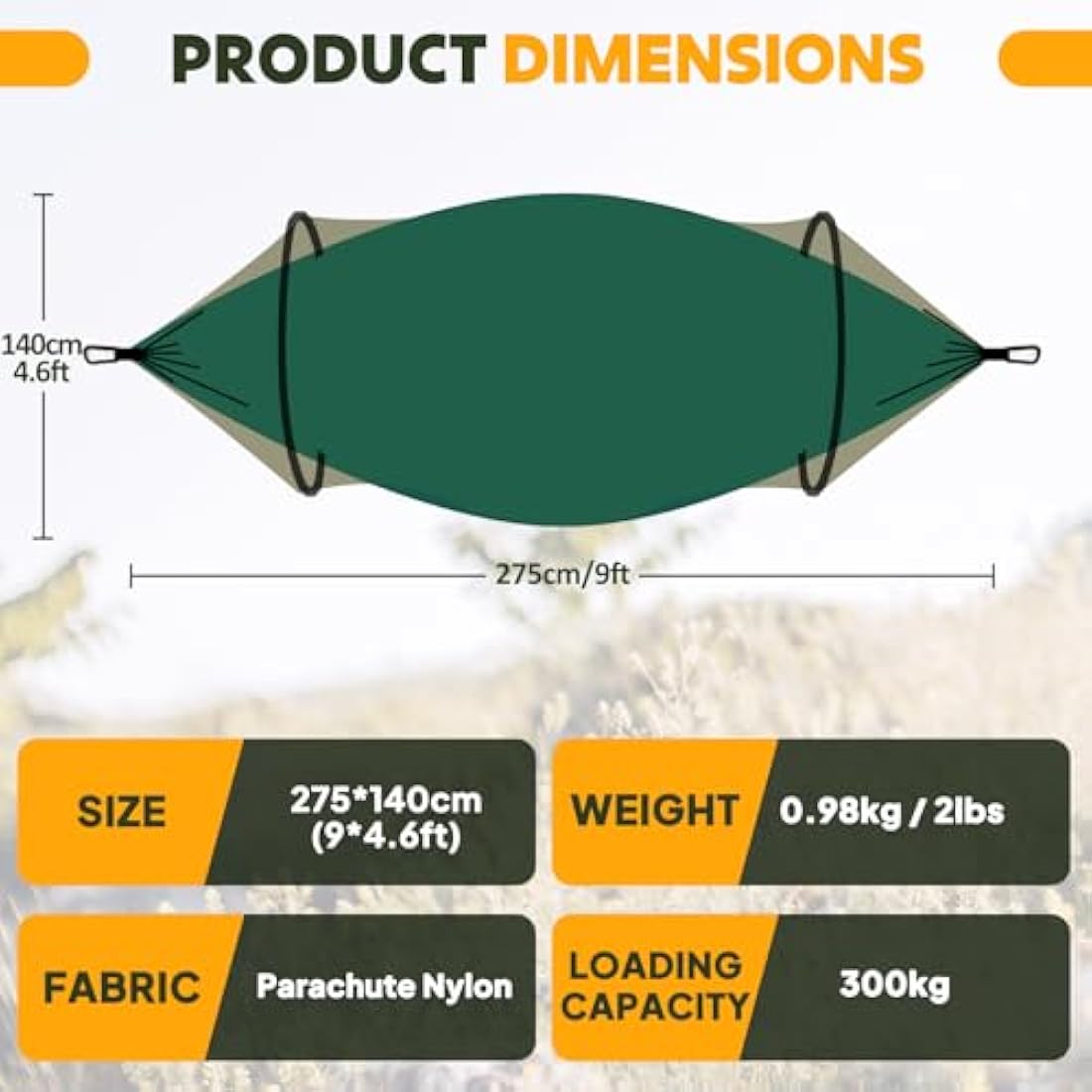 NatureFun Camping Hammock with Pop-up Bug Net | Parachute Nylon 300kg