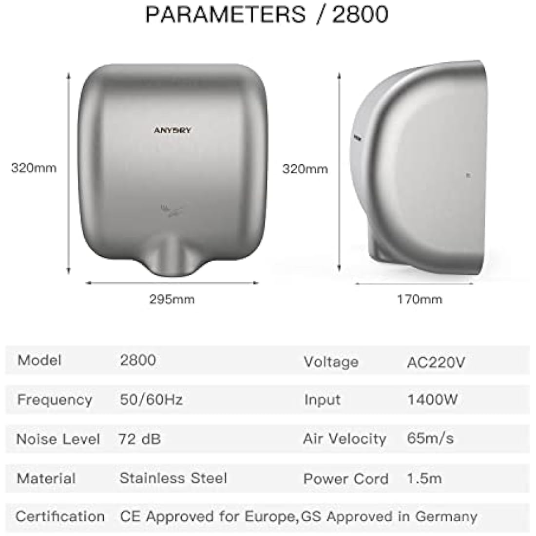 anydry 2800 Commercial Hand Dryer – Brushed Stainless Steel, 1450W