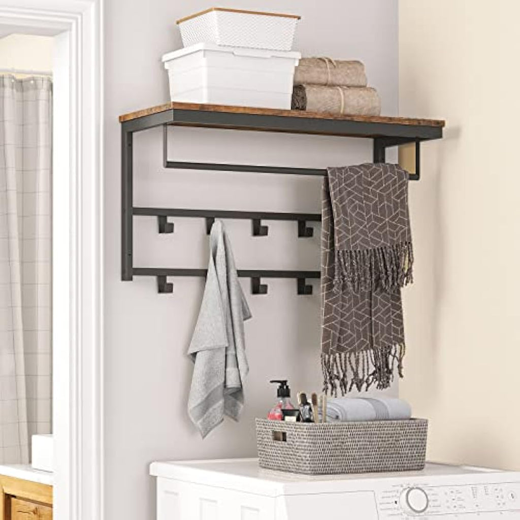 HOOBRO Wall-Mounted Coat Rack with 10 Hooks and Shelf – Rustic Brown