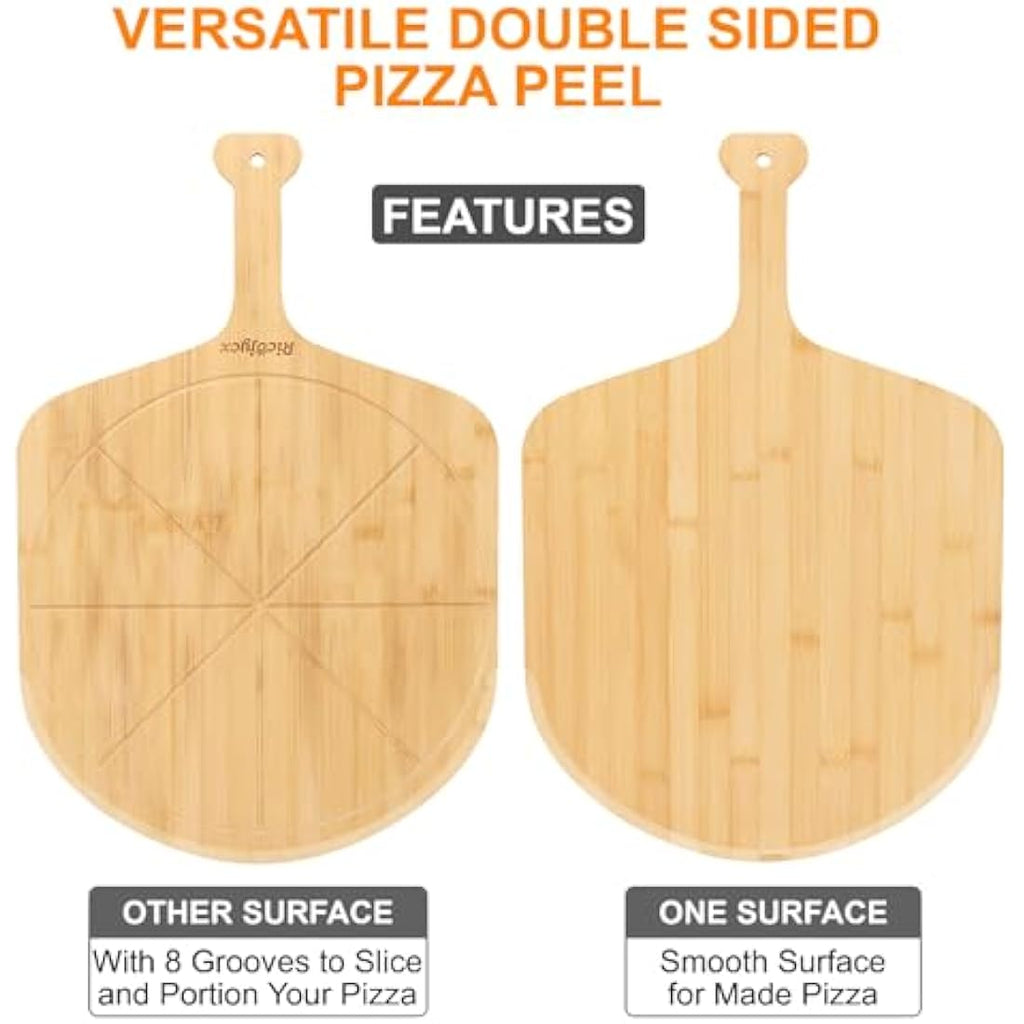 14" Bamboo Pizza Cutting Board – 2 Pack Double-Sided Peel