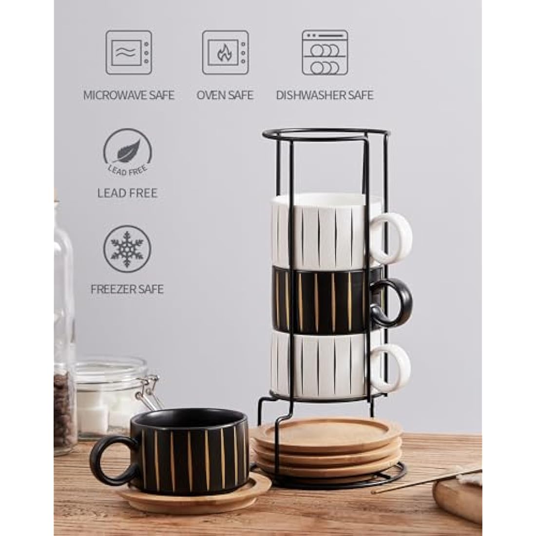 Stackable Ceramic Coffee Cup Set with Saucers & Stand