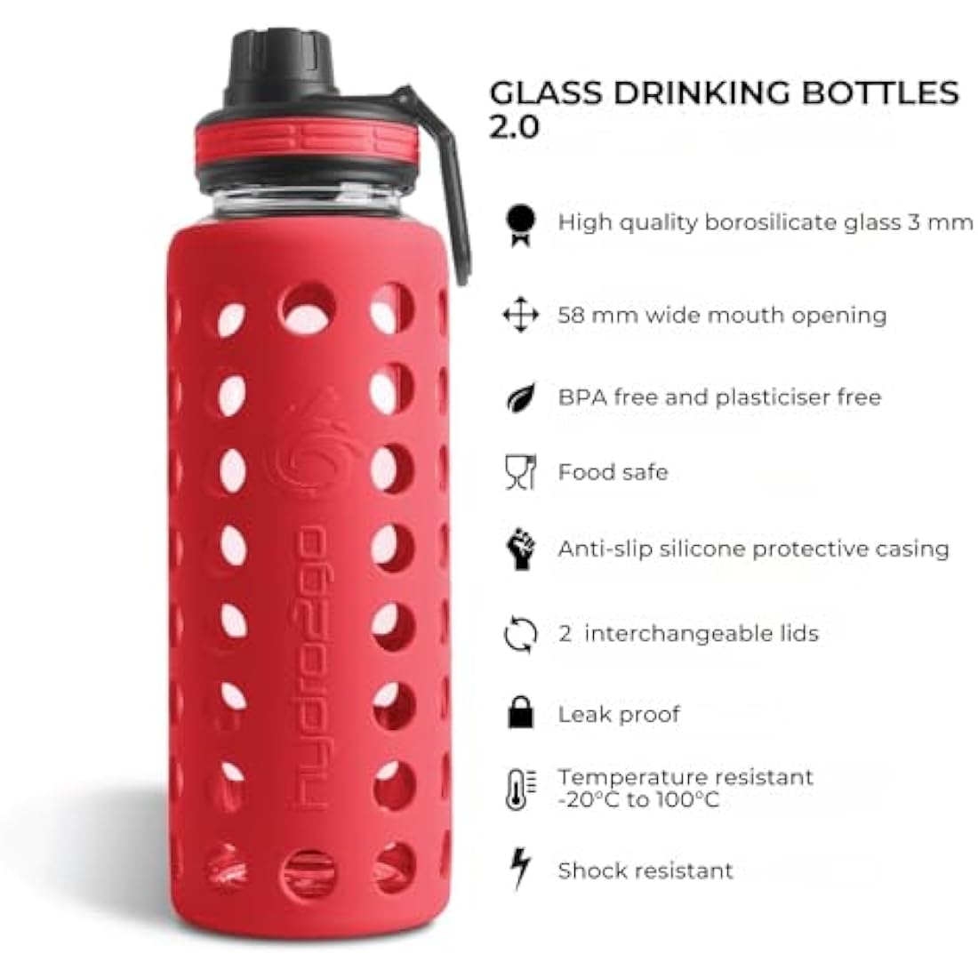 hydro2go Borosilicate Glass Water Bottle | 950ml Urban Red 2.0