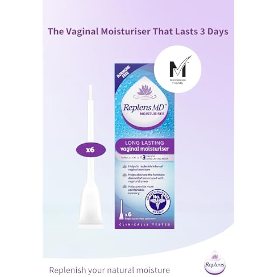 Replens Long Lasting Vaginal Moisturiser | Hormone Free | 6 Applicators