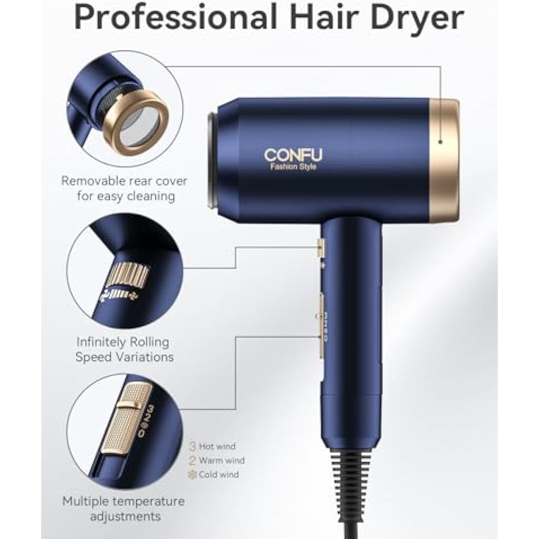CONFU 1800W Ionic Hair Dryer | Ceramic Tourmaline Blow Dryer with Diffuser