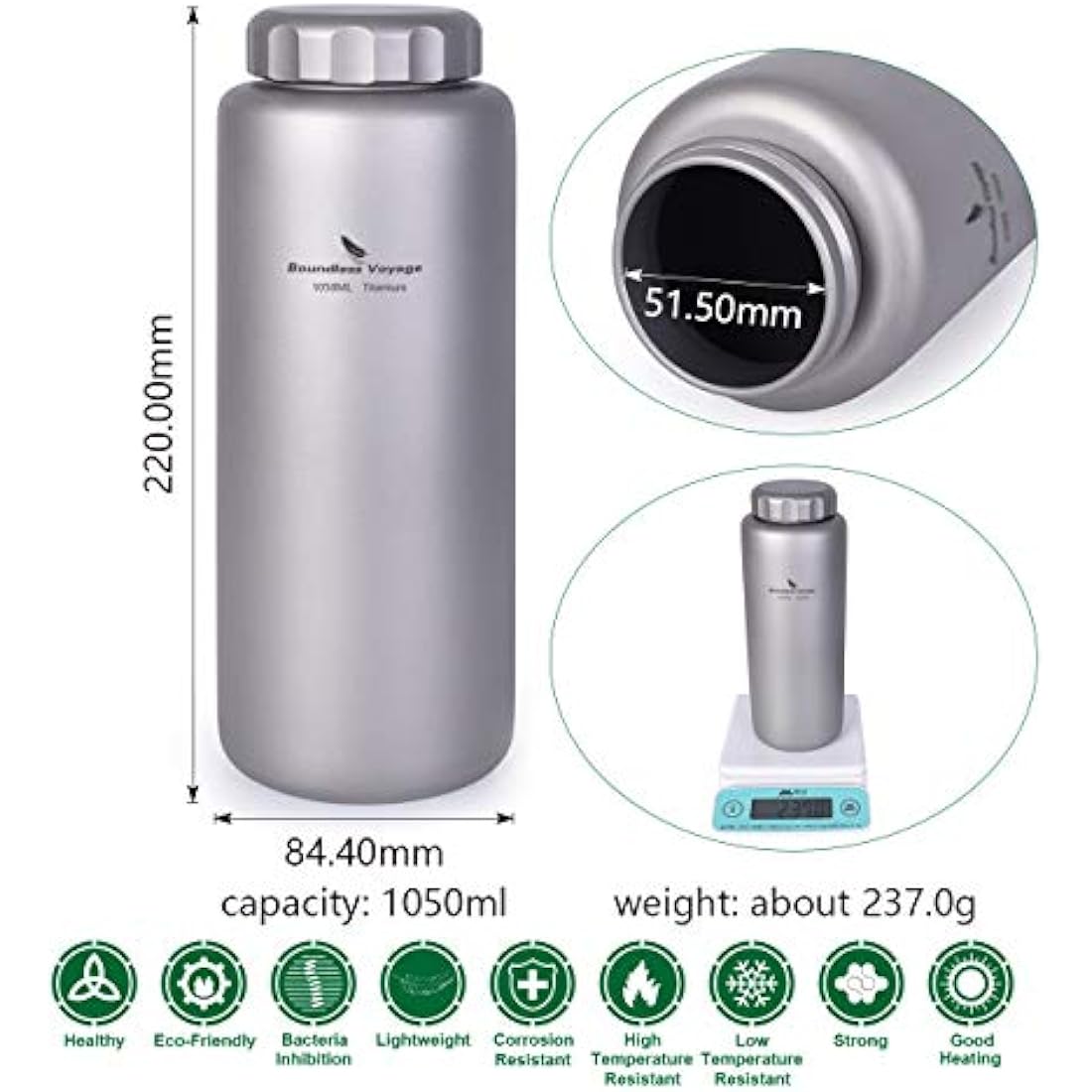 Boundless Voyage Titanium 1050ml Water Bottle & 600ml Cup Set