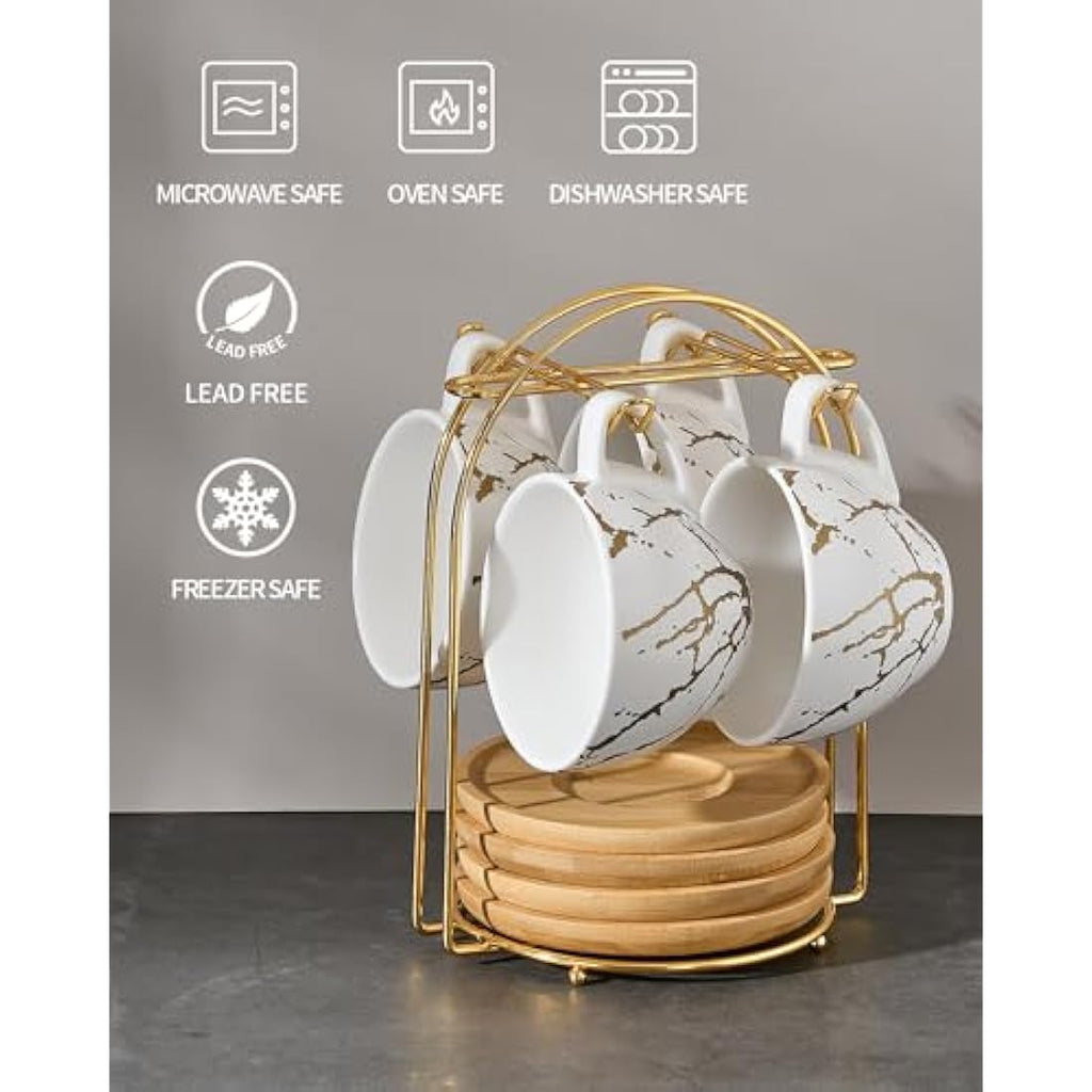4-Piece Stackable Ceramic Cappuccino Cups with Saucers and Stand