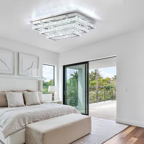 Finktonglan Modern Crystal LED Ceiling Light | 20” Rectangular Flush Mount
