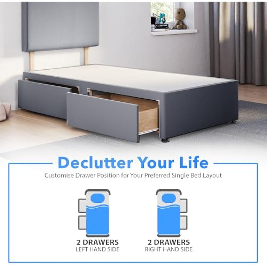 ComfoRest 3FT Single Divan Bed with 2 Drawers | Grey Plush Storage Base