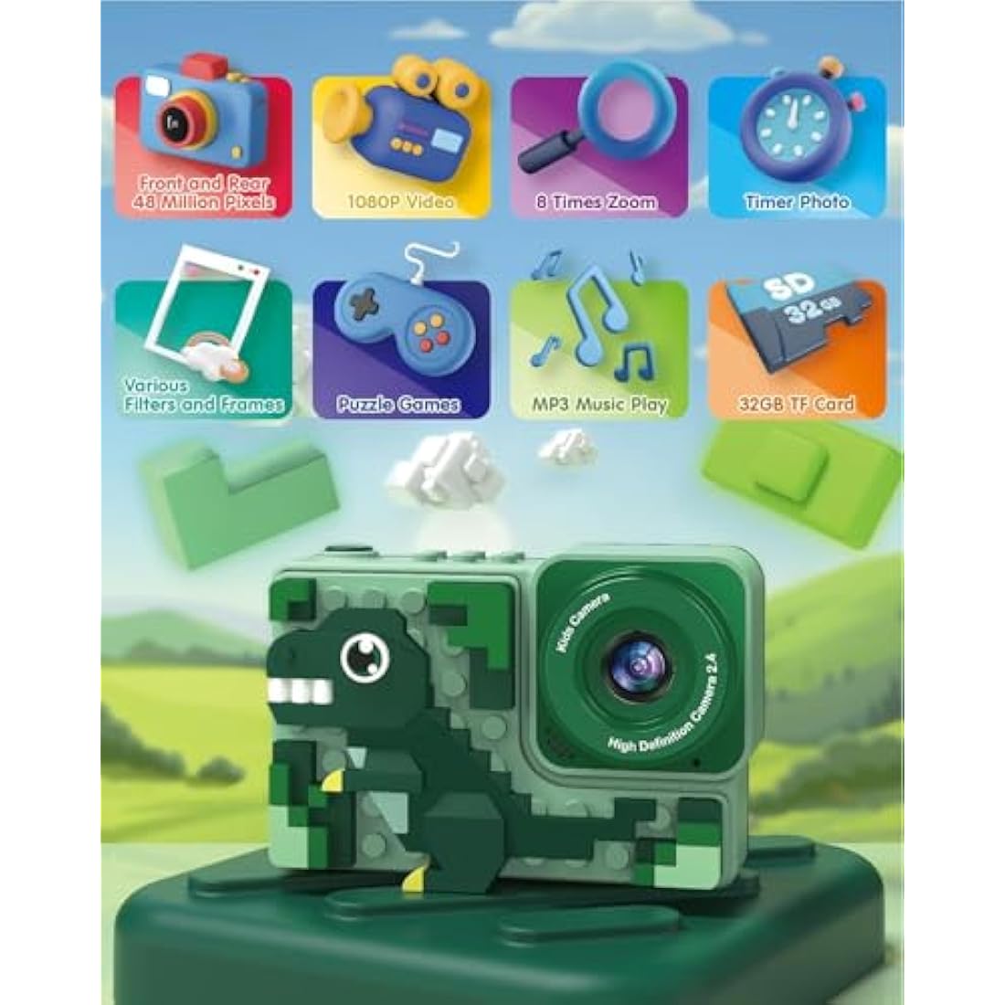 Kizeefun Kids Digital Camera – Dinosaur Building Block Toy with 32GB SD Card
