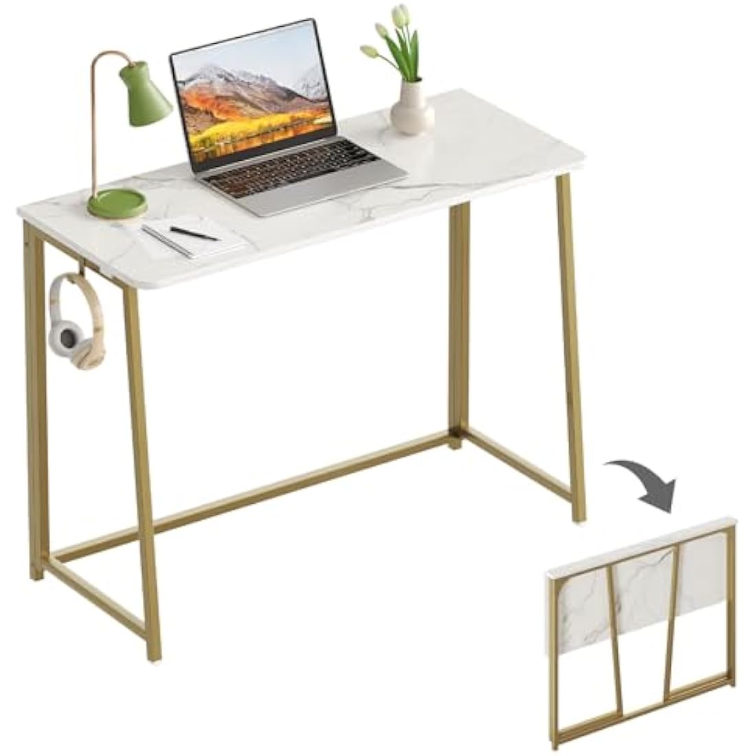 Folding Desk – Small Space-Saving Laptop Table, White and Gold