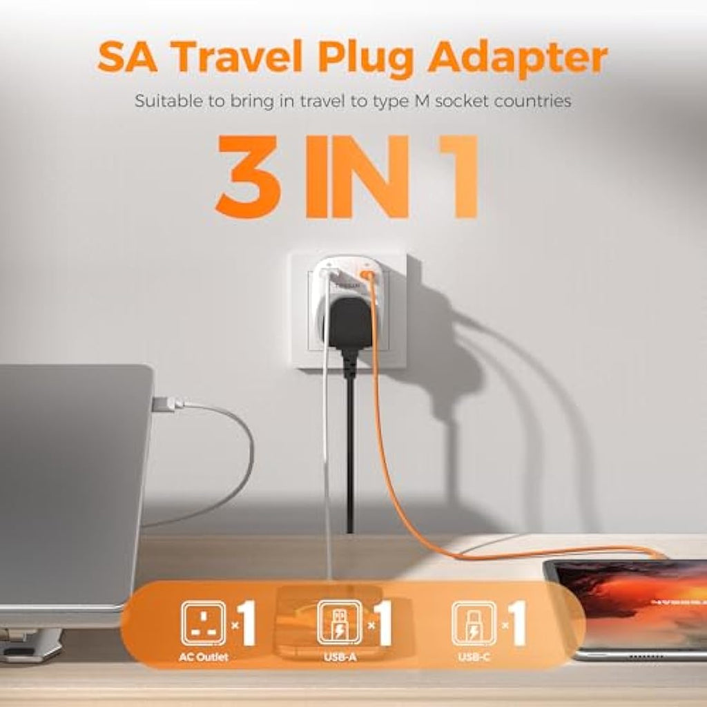 TESSAN UK to South Africa Plug Adapter 2 Pack | Type M with USB C