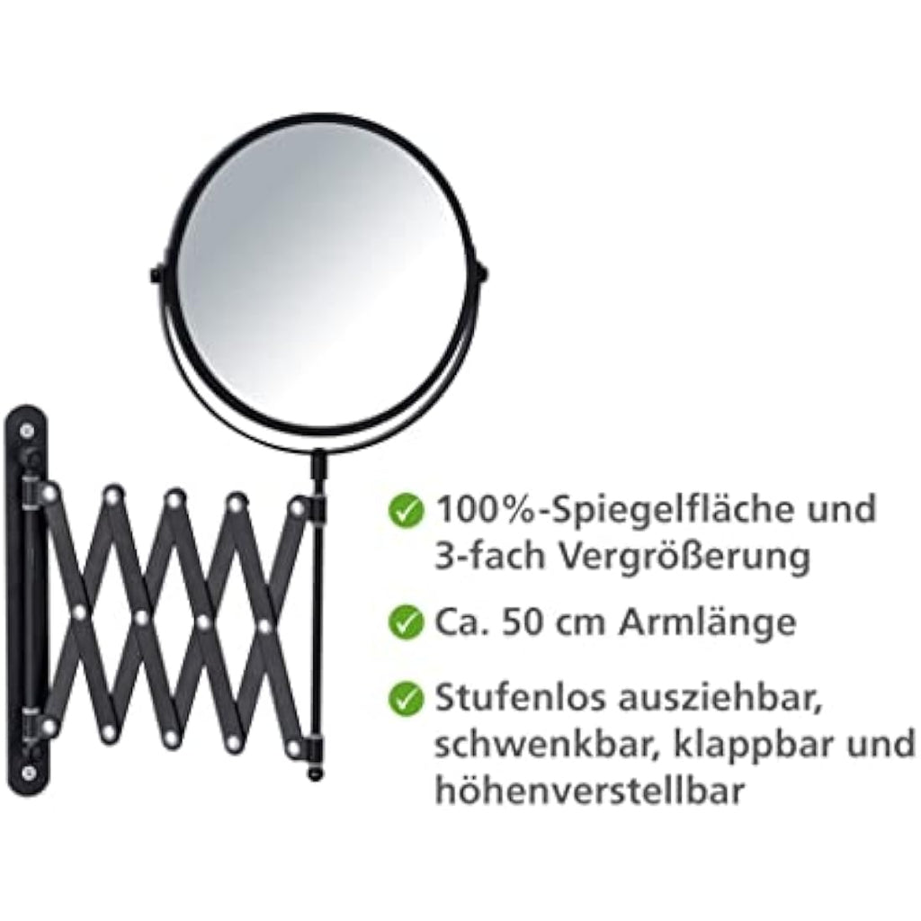 WENKO Black Cosmetic Wall Mirror – 3x Magnifying Telescopic Arm