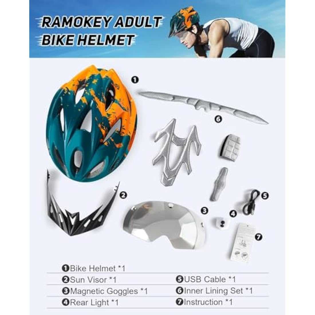 RaMokey Bike Helmet with LED Light & Magnetic Goggles | Adjustable 57-62cm