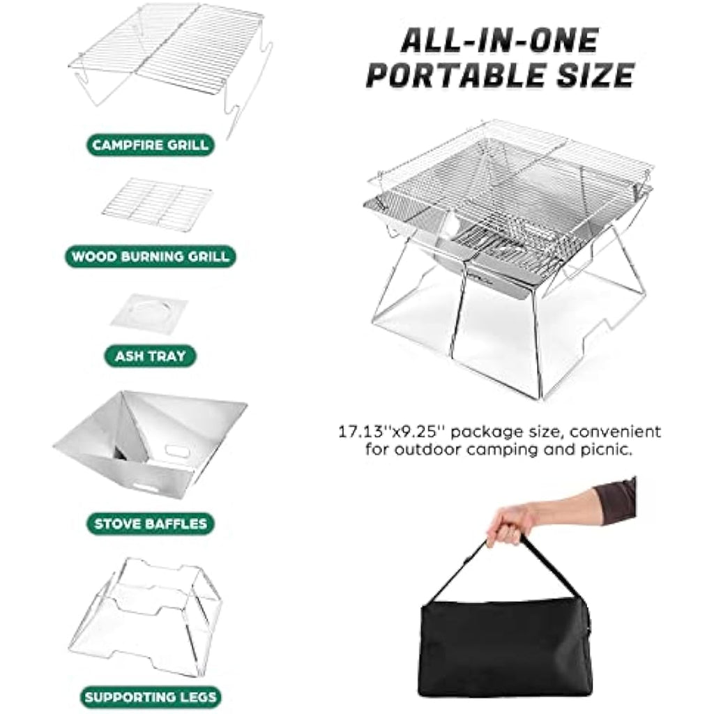 Odoland Portable Camping Fire Pit | Collapsible Stainless Steel BBQ Grill