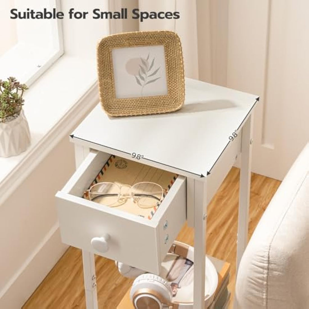 HOOBRO Slim White Bedside Table – Tall Narrow Side Table with Drawer