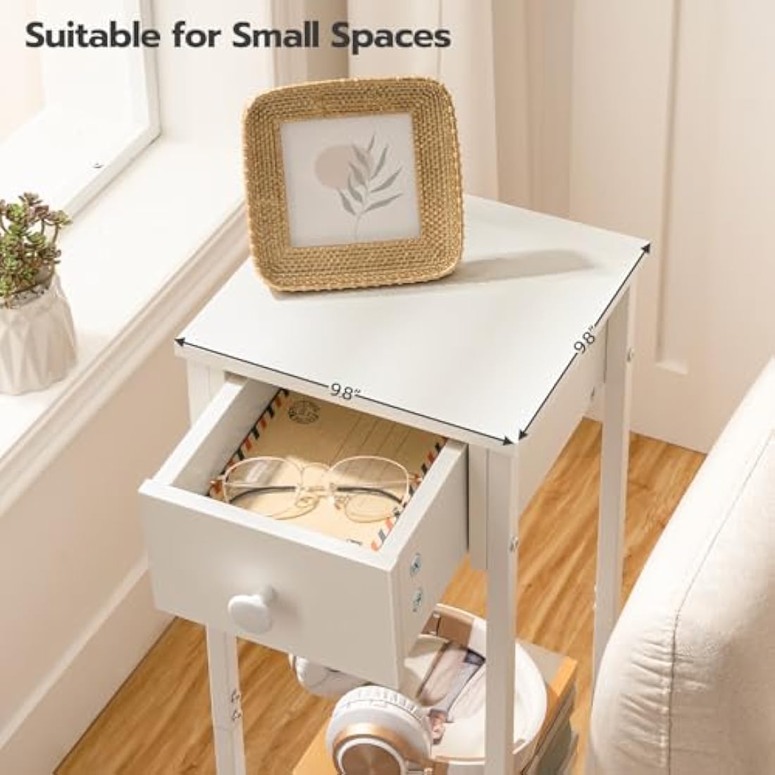 HOOBRO Slim White Bedside Table – Tall Narrow Side Table with Drawer