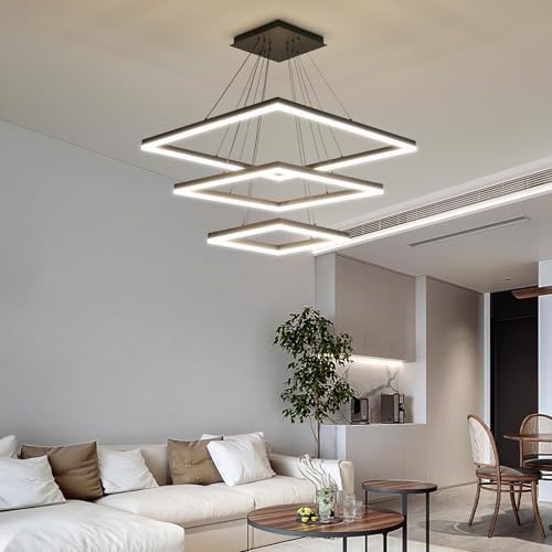 Modern 3-Ring Square LED Chandelier | Dimmable Black Pendant