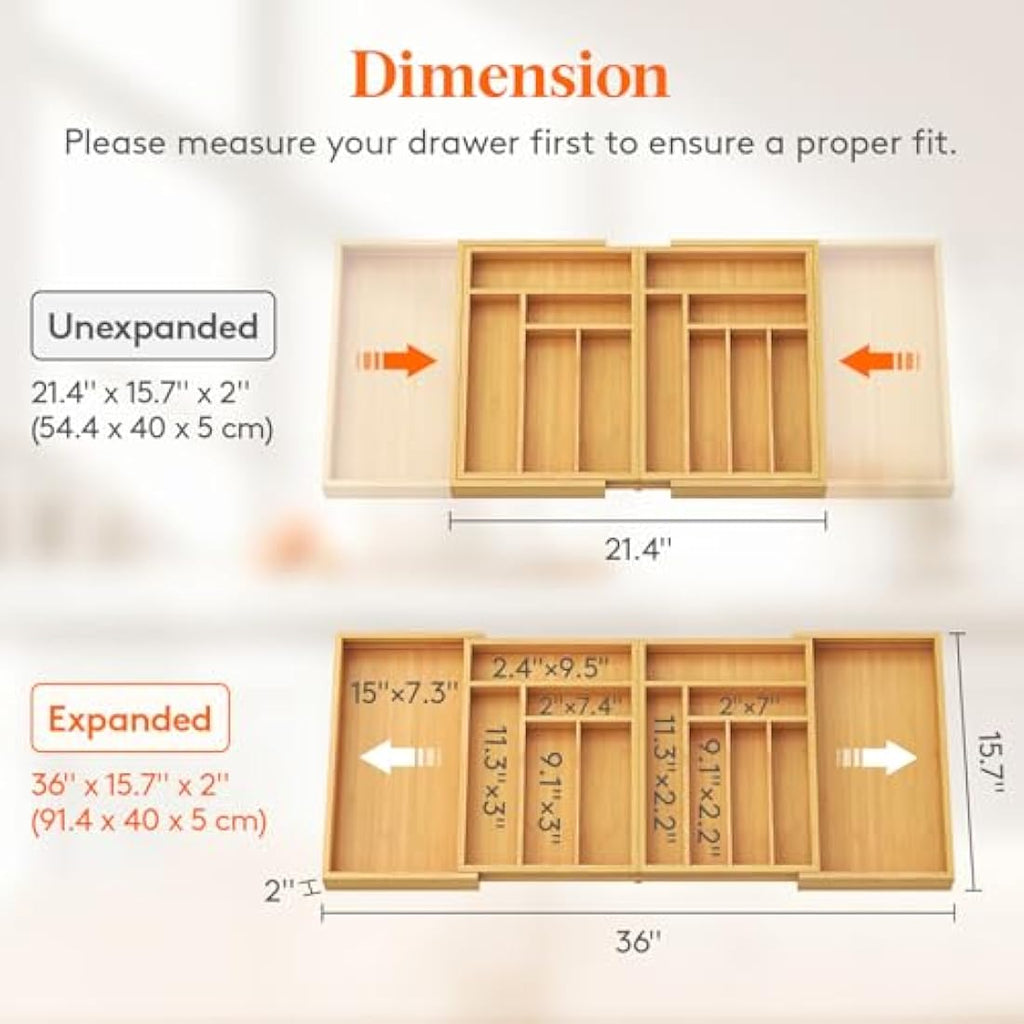 Lifewit Expandable Cutlery Drawer Organiser | Extra Large Bamboo Tray